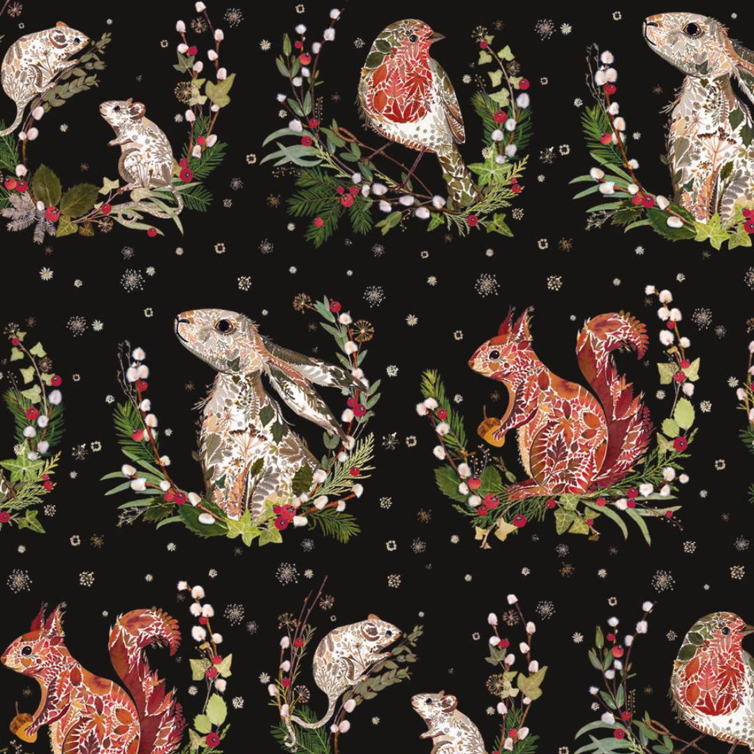 A repeating pattern on a black background featuring illustrated rabbits, squirrels, a bird, and floral wreaths in muted red, green, cream, and brown tones.