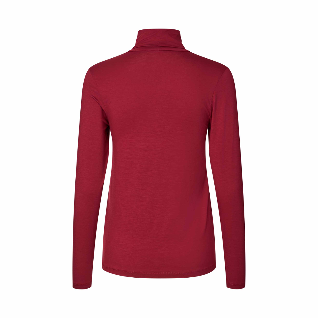 A long-sleeve mock neck top in a solid deep red color, shown from the back on a clean white background.