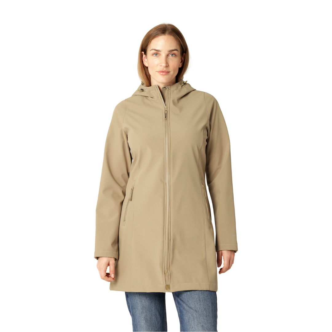 Woman in taupe softshell hooded jacket with zipper, front pockets, and long sleeves. The jacket is knee-length.