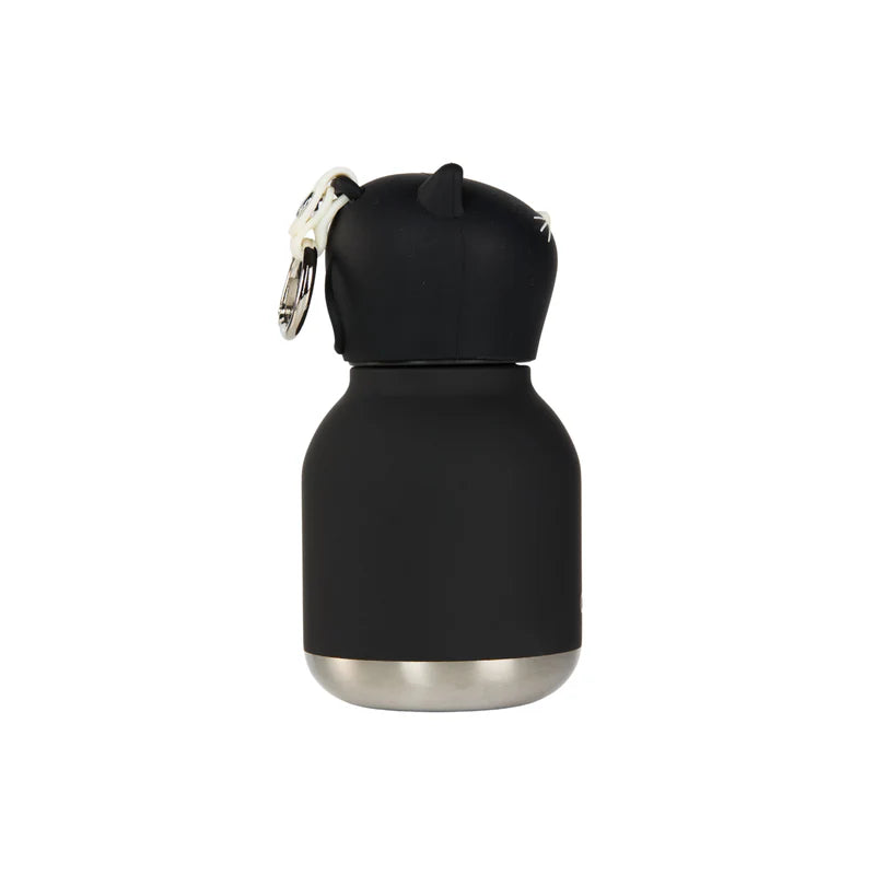 Black water bottle with a carabiner on a white background