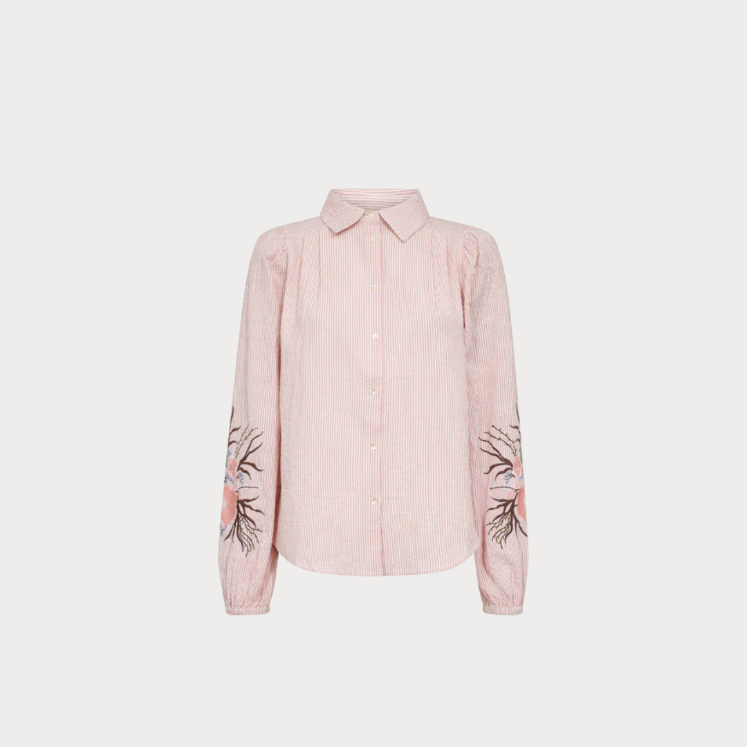 Pink blouse with floral embroidery on sleeves against a white background