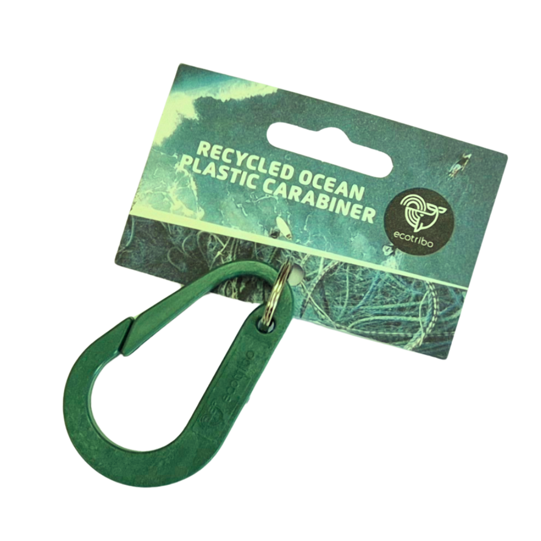 Green recycled plastic carabiner attached to a product card.  The card displays "Recycled Ocean Plastic Carabiner".