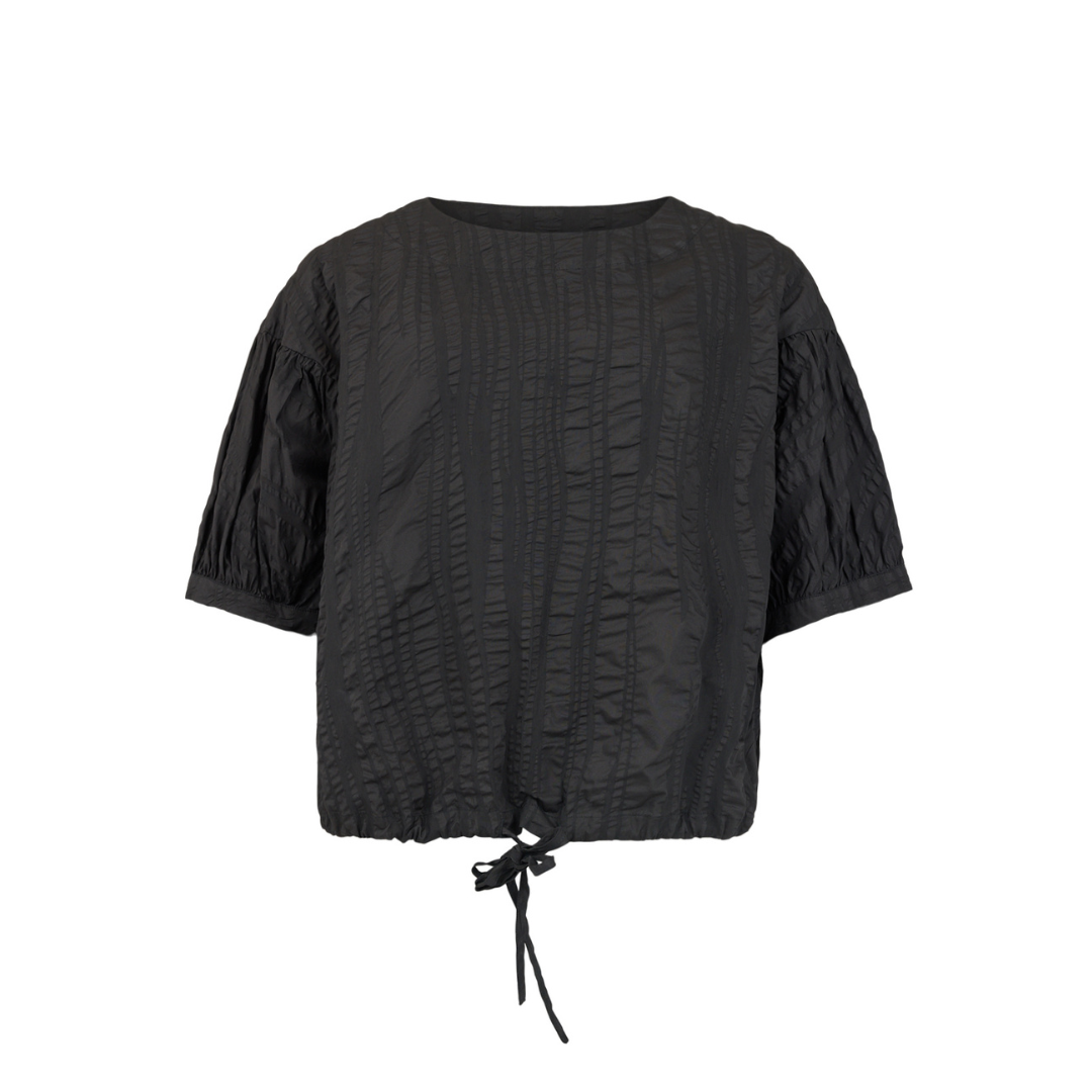 Black textured top with puff sleeves on a white background