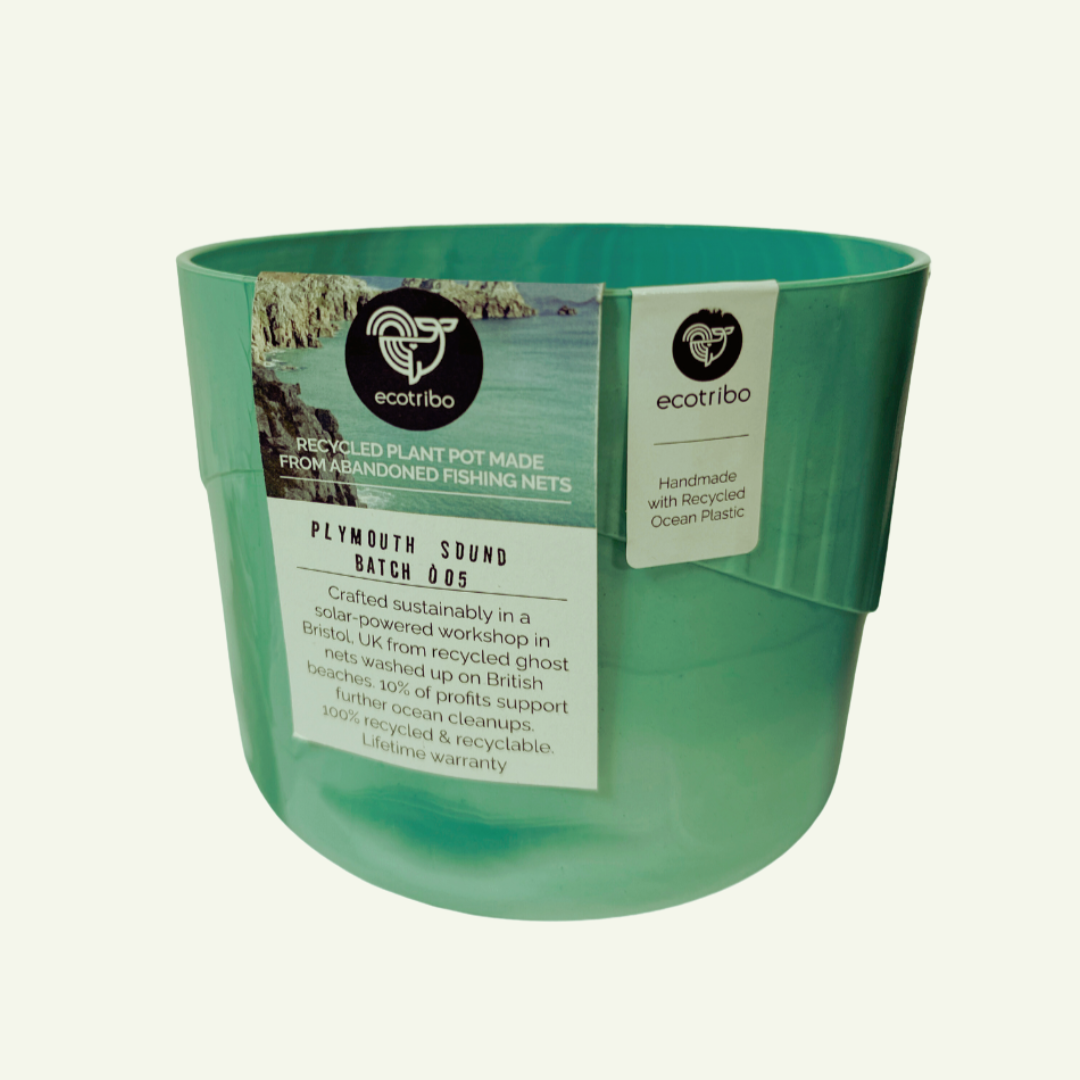 Teal recycled plant pot made from abandoned fishing nets.