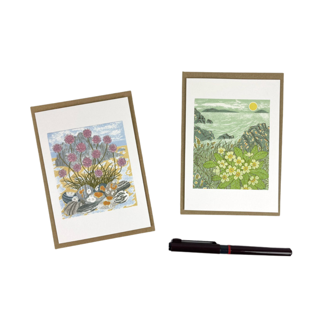 Two illustrated greeting cards; one depicts pink flowers on rocks by the sea, the other shows yellow flowers and a coastal
