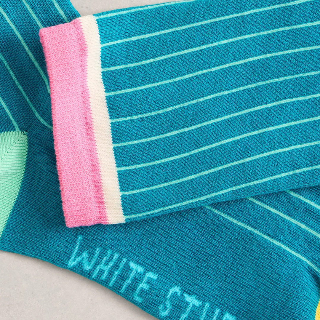 Teal socks with pink and white accents on a light gray background