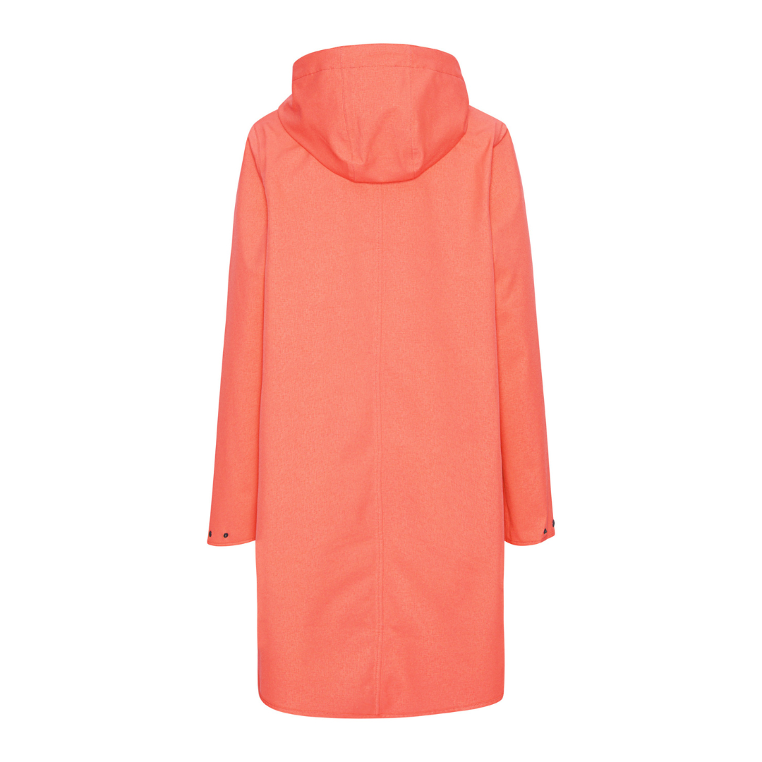 Coral-colored hooded raincoat, rear view, long sleeves, simple design.