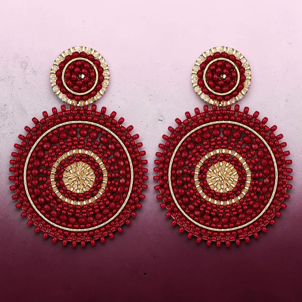 Beaded Circle Drop Earrings - Burgundy & Gold