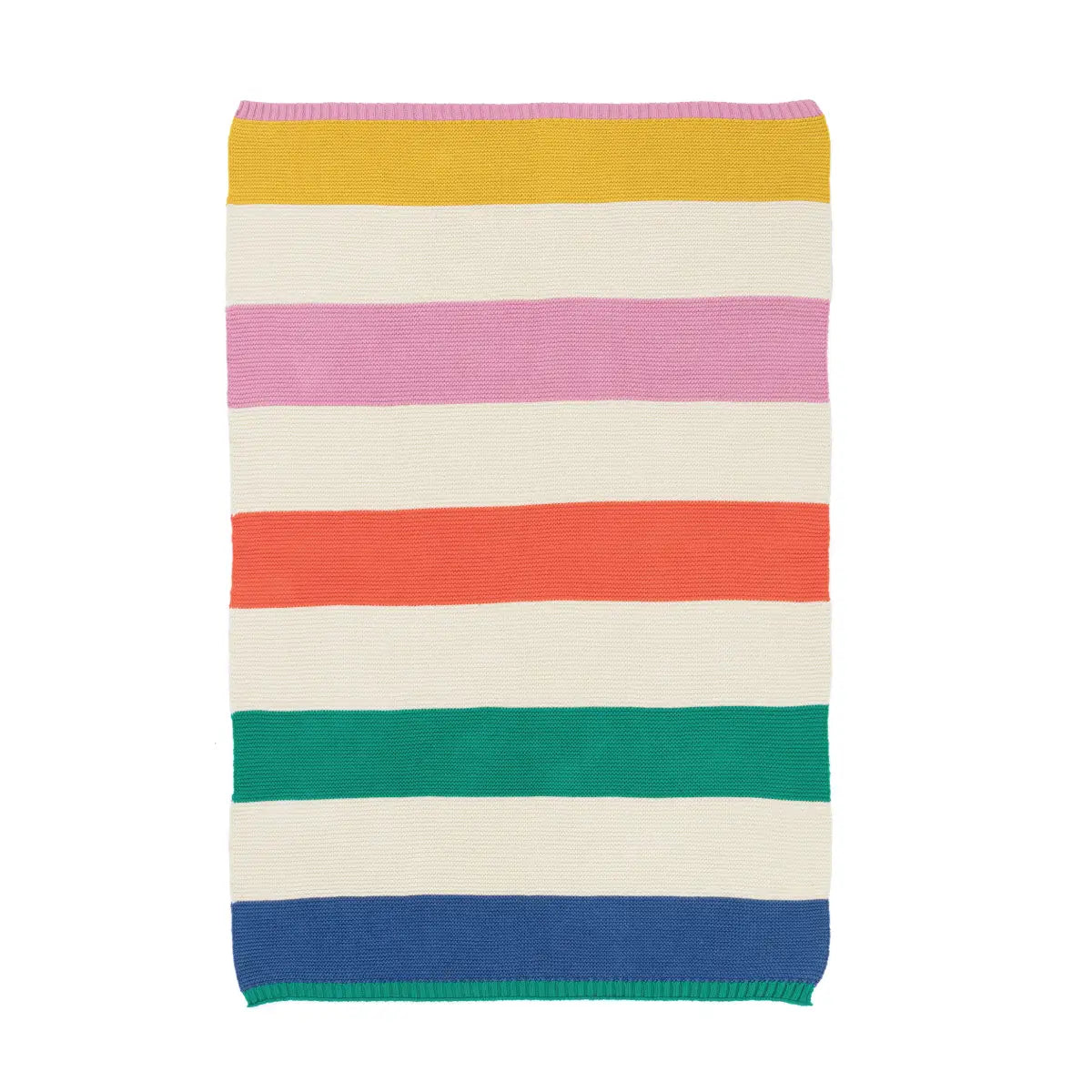 A rectangular striped knit blanket with horizontal bands of yellow, pink, cream, coral orange, green, cream, and blue on a plain white background.