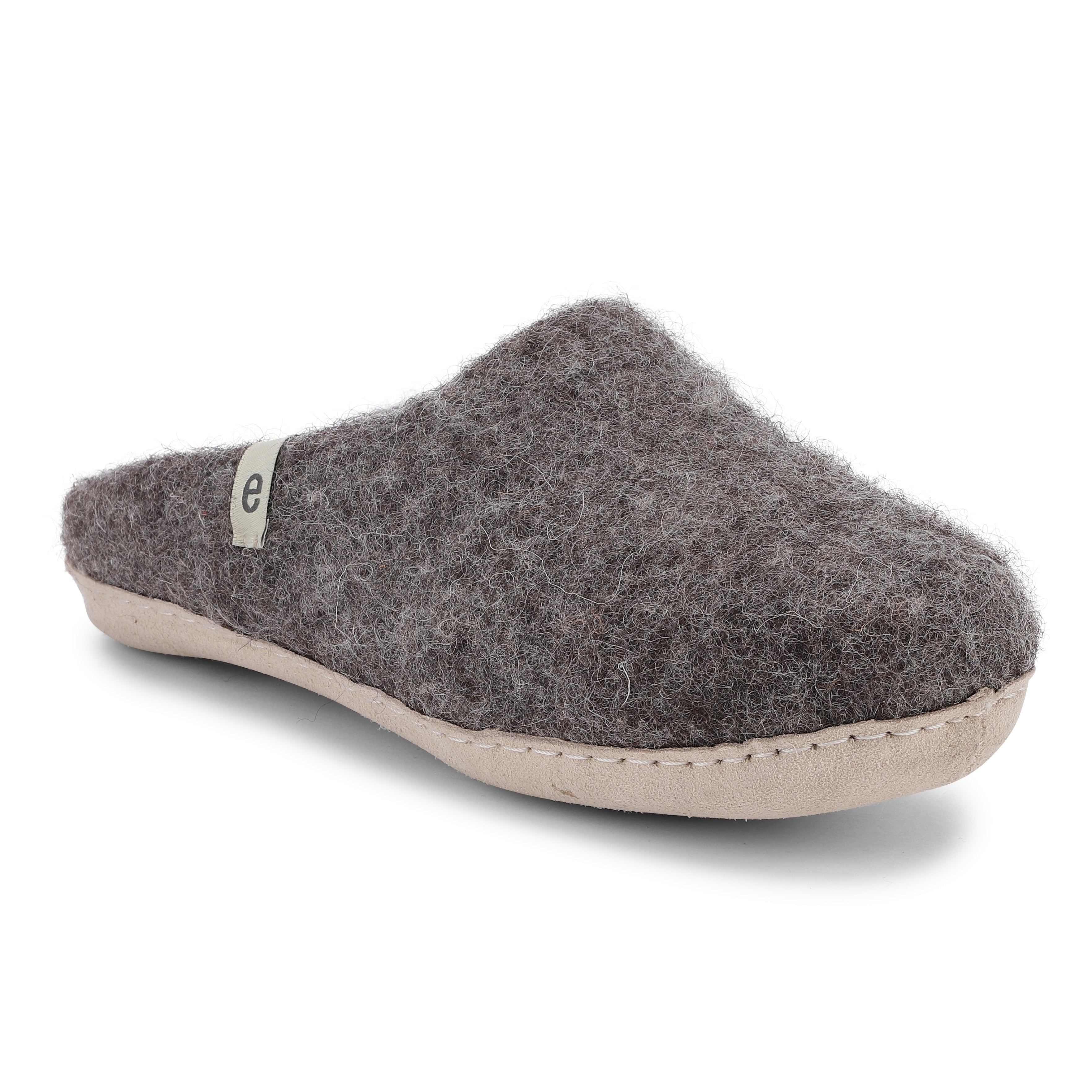 Dark gray wool felt slipper with a light beige sole.