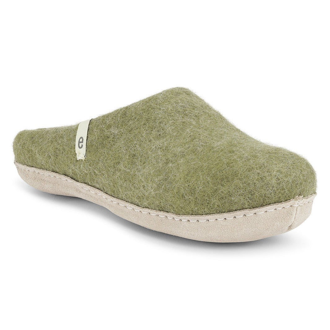 Olive green wool felt slipper with a light beige sole and small label.