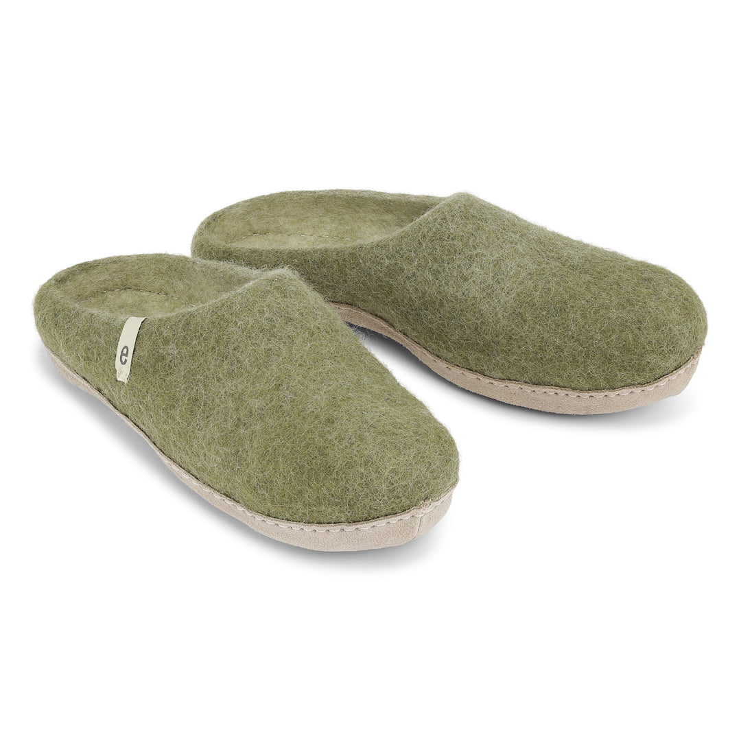 Pair of olive green wool felt slippers with light beige soles.