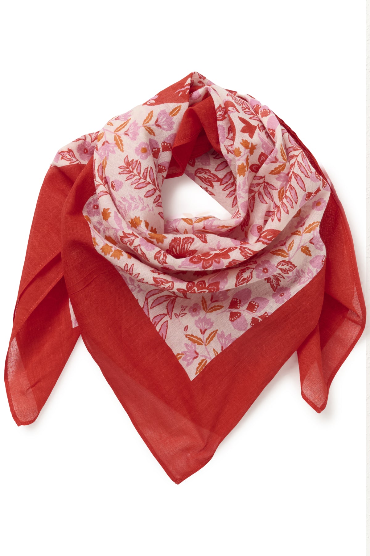 Red scarf with floral pattern on a white background