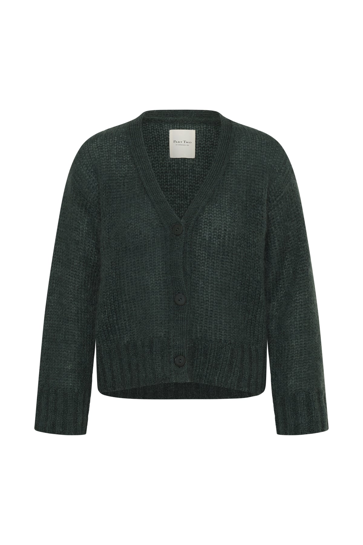 A dark forest green textured knit cardigan sweater with a V-neck, three front buttons, and long sleeves, shown against a plain white background.