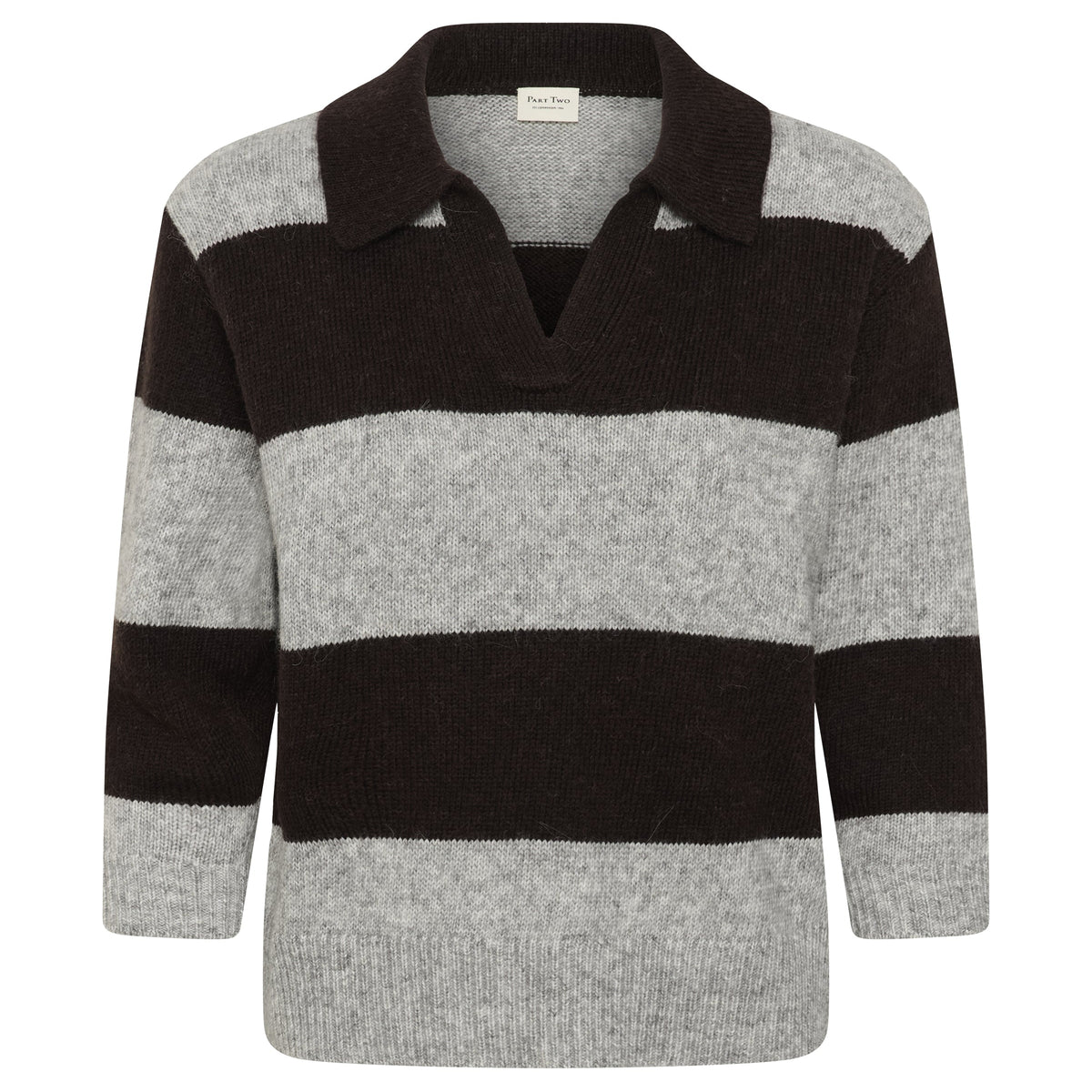 Black and gray striped sweater on a white background