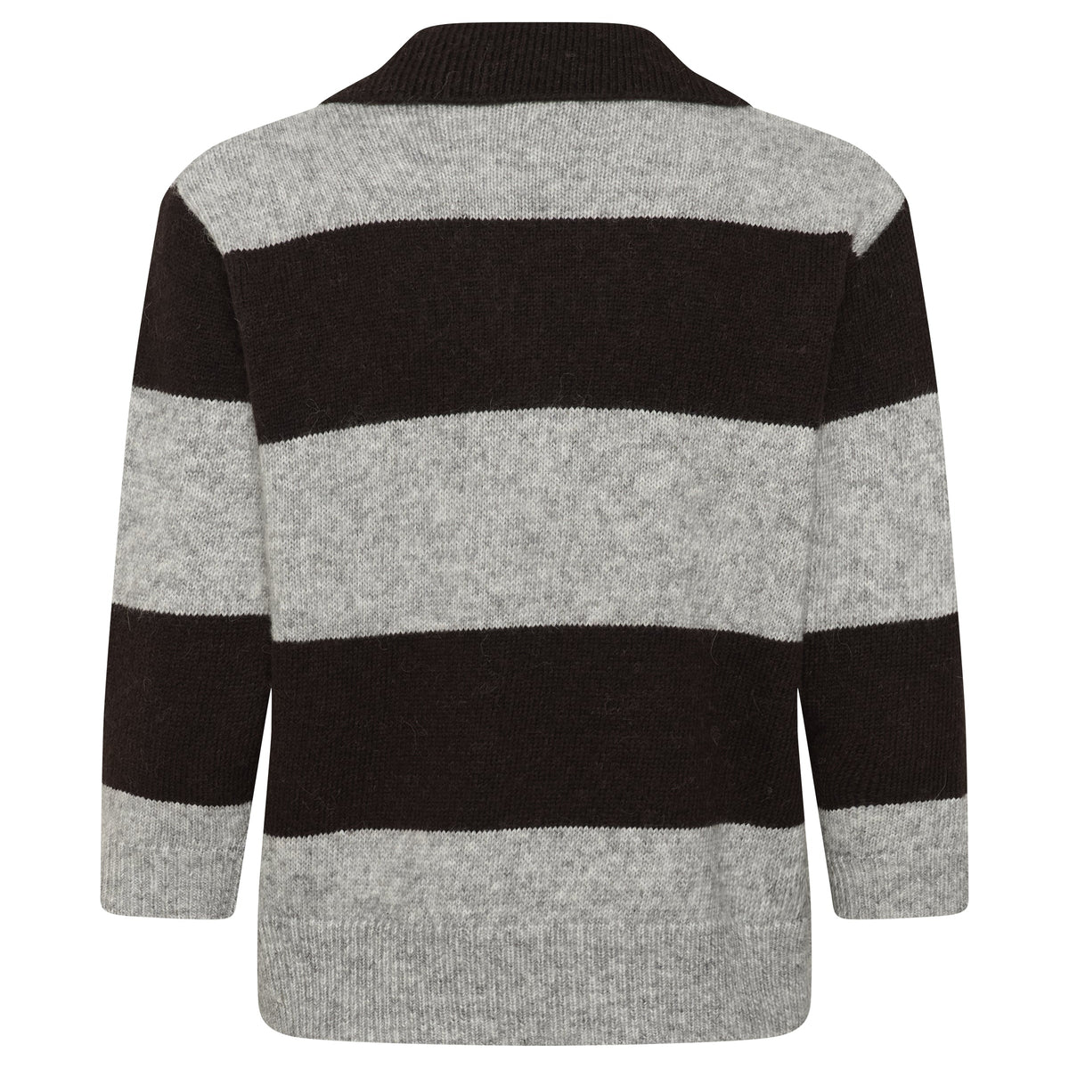 A striped knit sweater shown from the back, featuring alternating horizontal bands of dark brown and heather gray.
