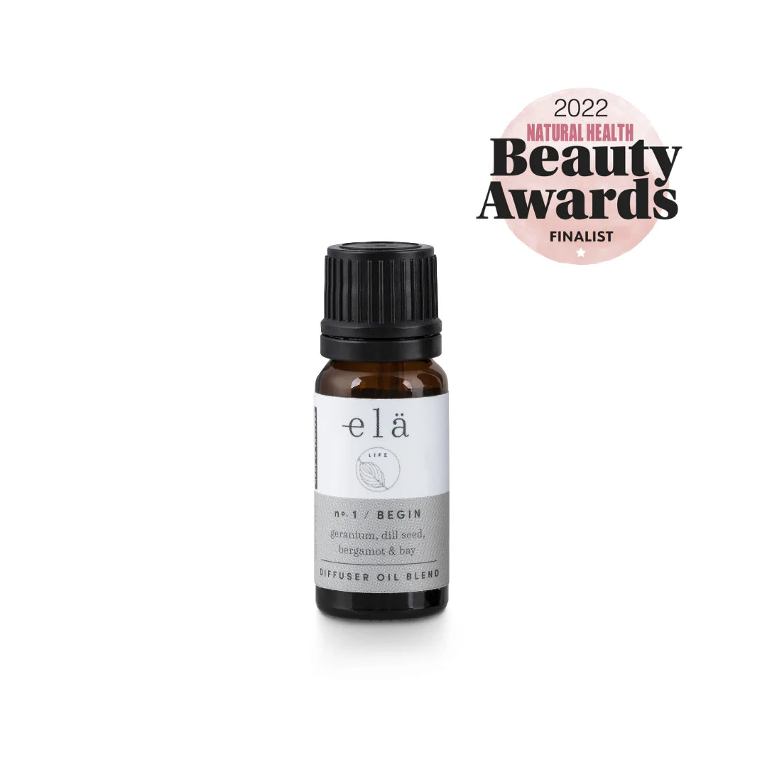 elä Life No. 1 Begin diffuser oil blend in amber glass bottle with black cap.  2022 Natural Health Beauty Awards Finalist.