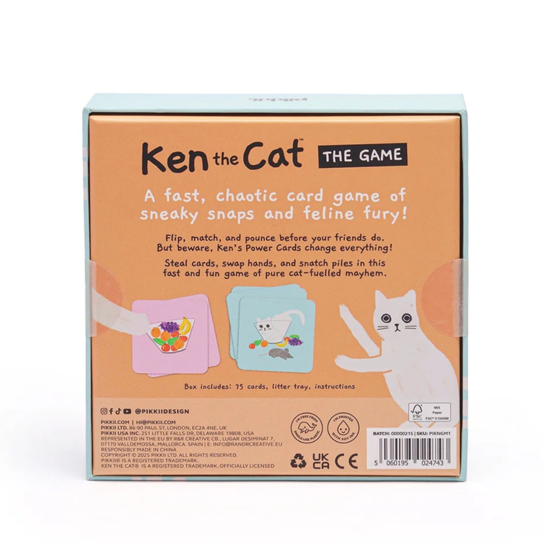 The back of the Ken the Cat: The Game card game box, showing the title, product description, illustrations of a cat and cards, and a barcode on a white background.