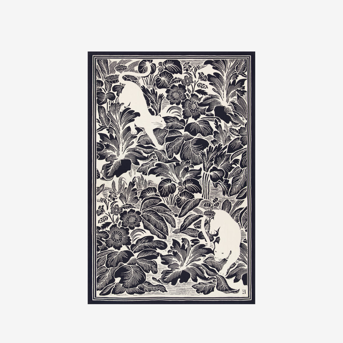 A framed art print featuring a black and white botanical illustration with a white bird perched among dense leaves and flowers, set against a light gray background.