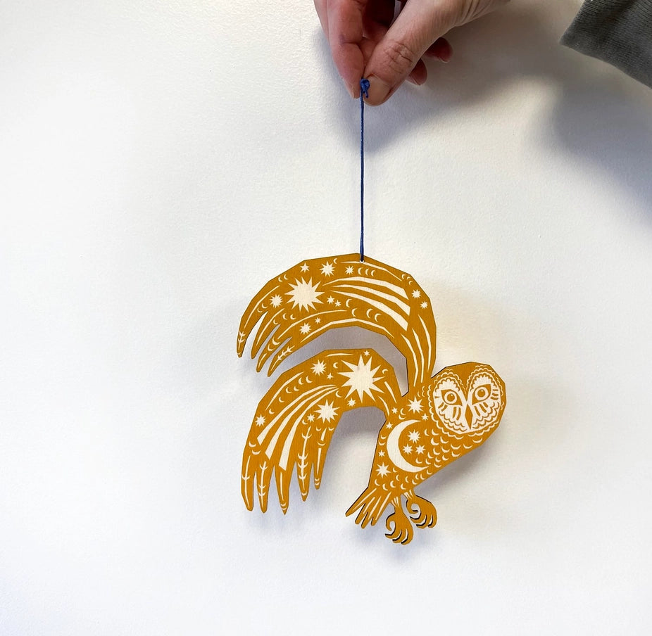 Screenprinted Wooden Decoration - Yellow Ochre Owl