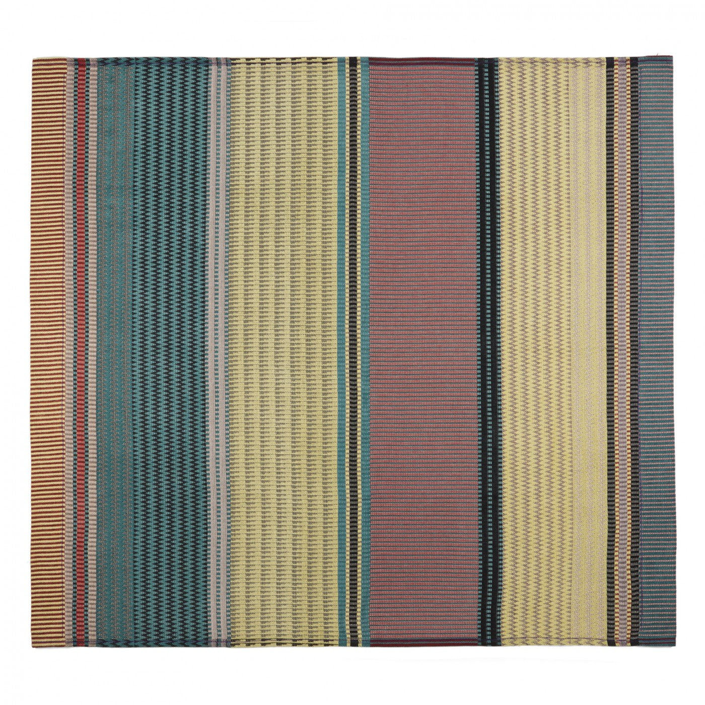 Rectangular woven rug with multicolored vertical stripes in teal, beige, pink, and red tones.