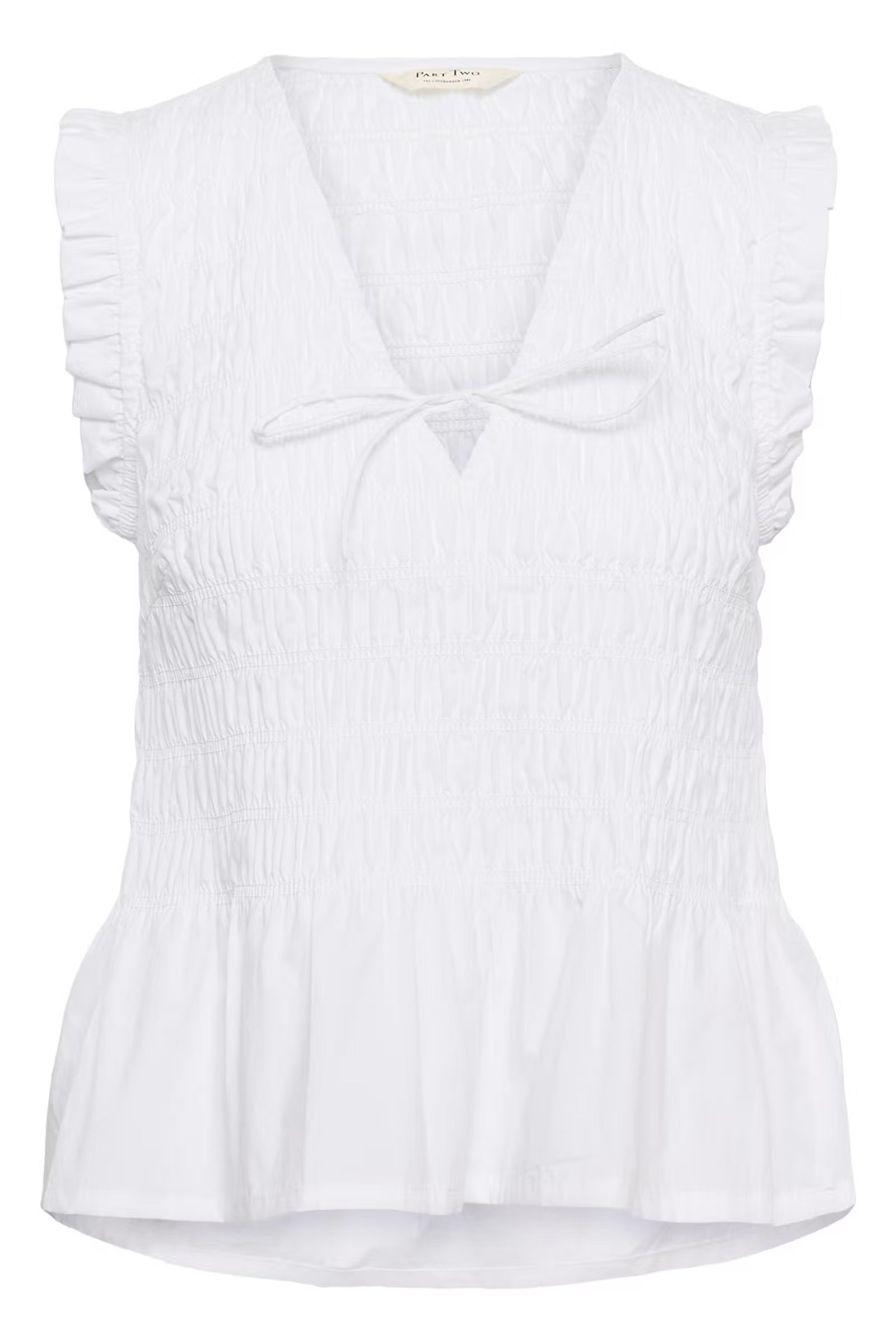 White sleeveless top with ruched design on a white background