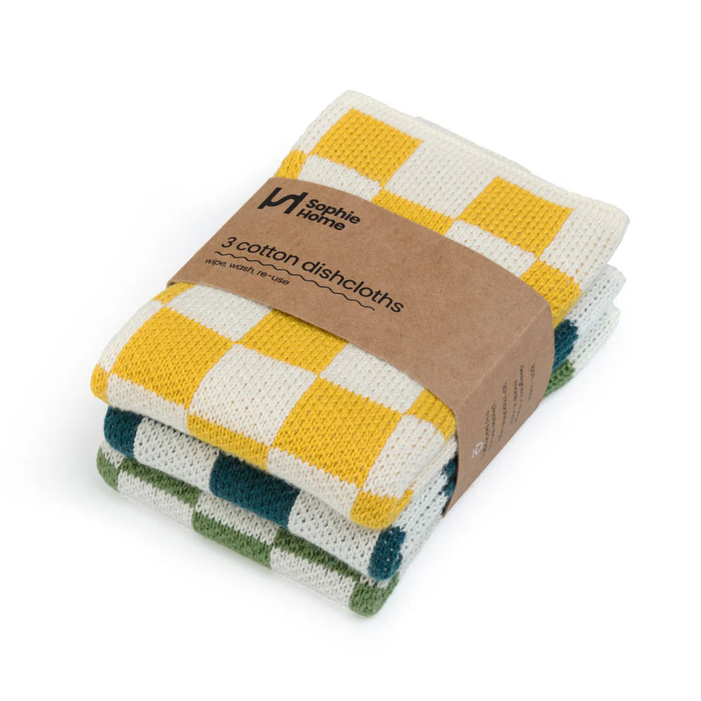 Three cotton dishcloths in yellow, teal, and green checkered patterns, packaged together.