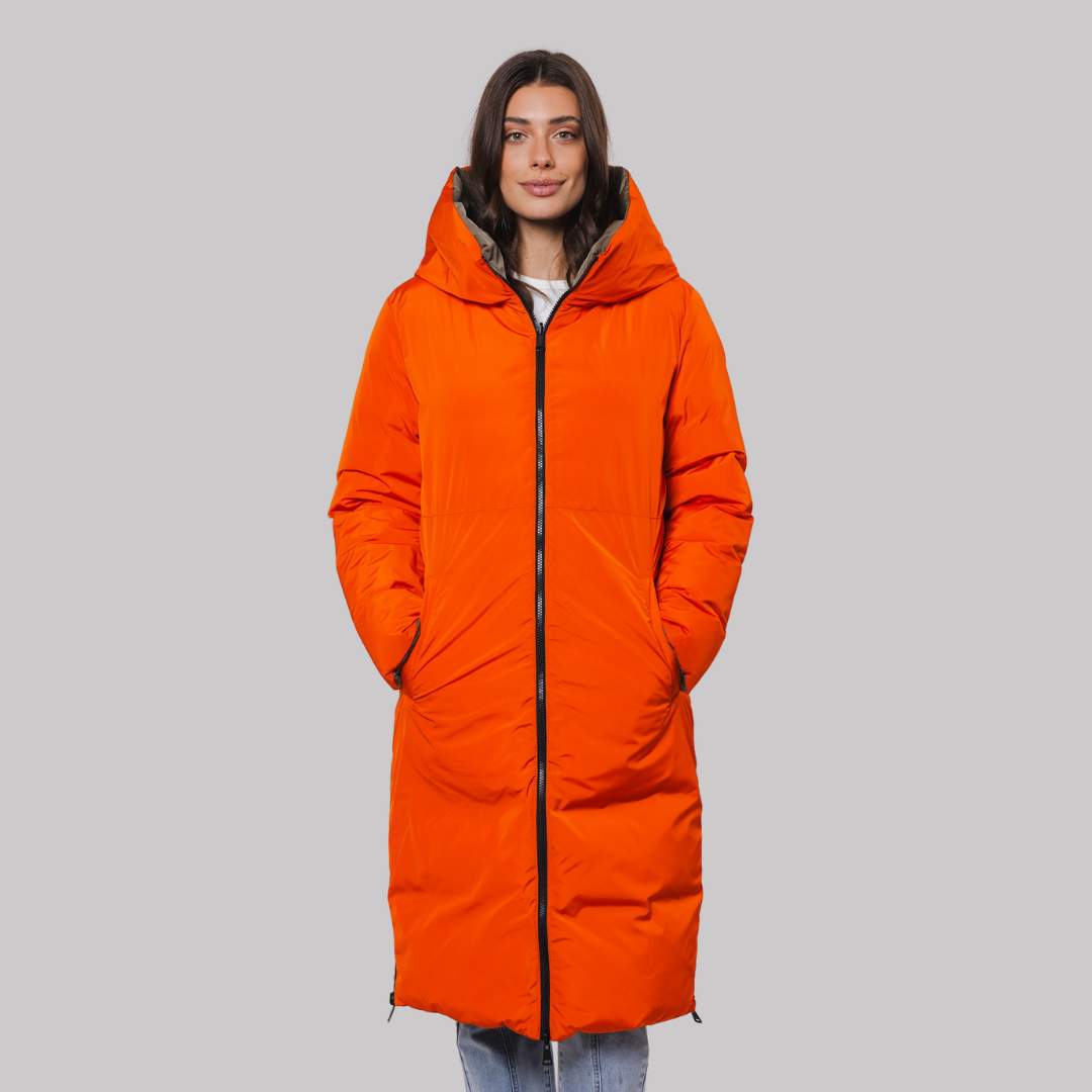 Bright orange long puffer coat with a hood and zipper closure.