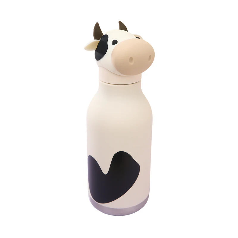 Cow-shaped water bottle on a white background