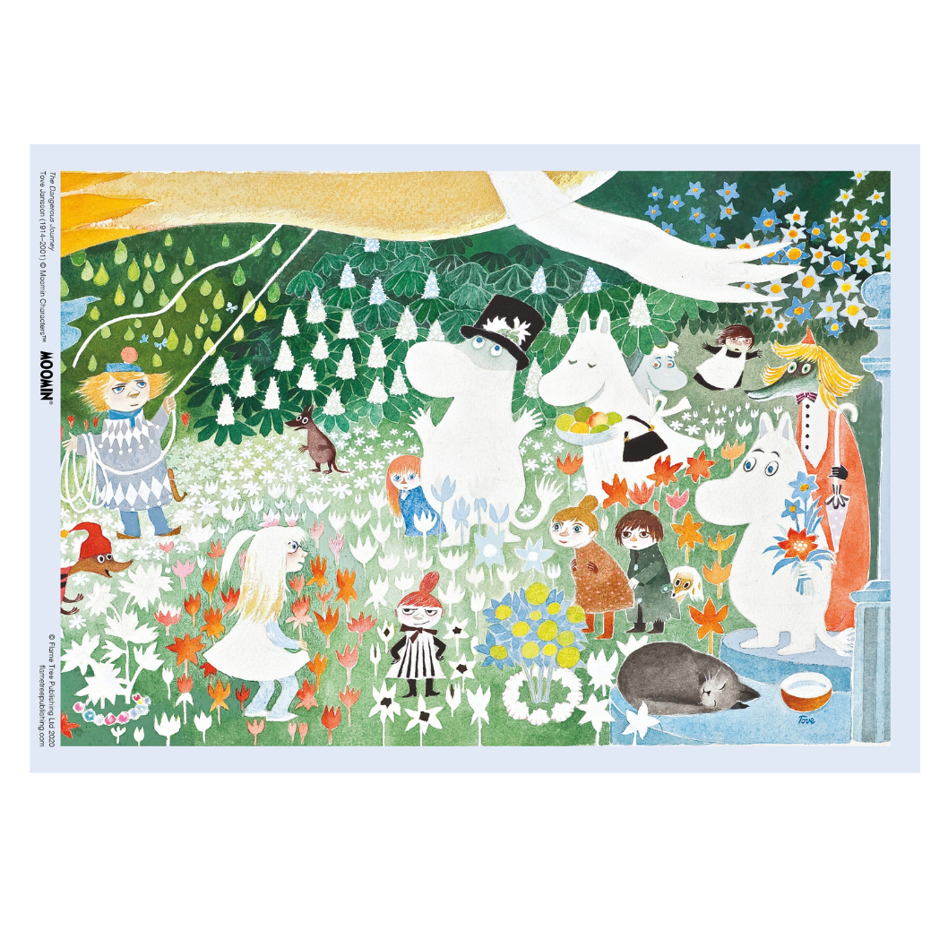 Watercolor illustration of Moomin characters gathered in a blooming garden.