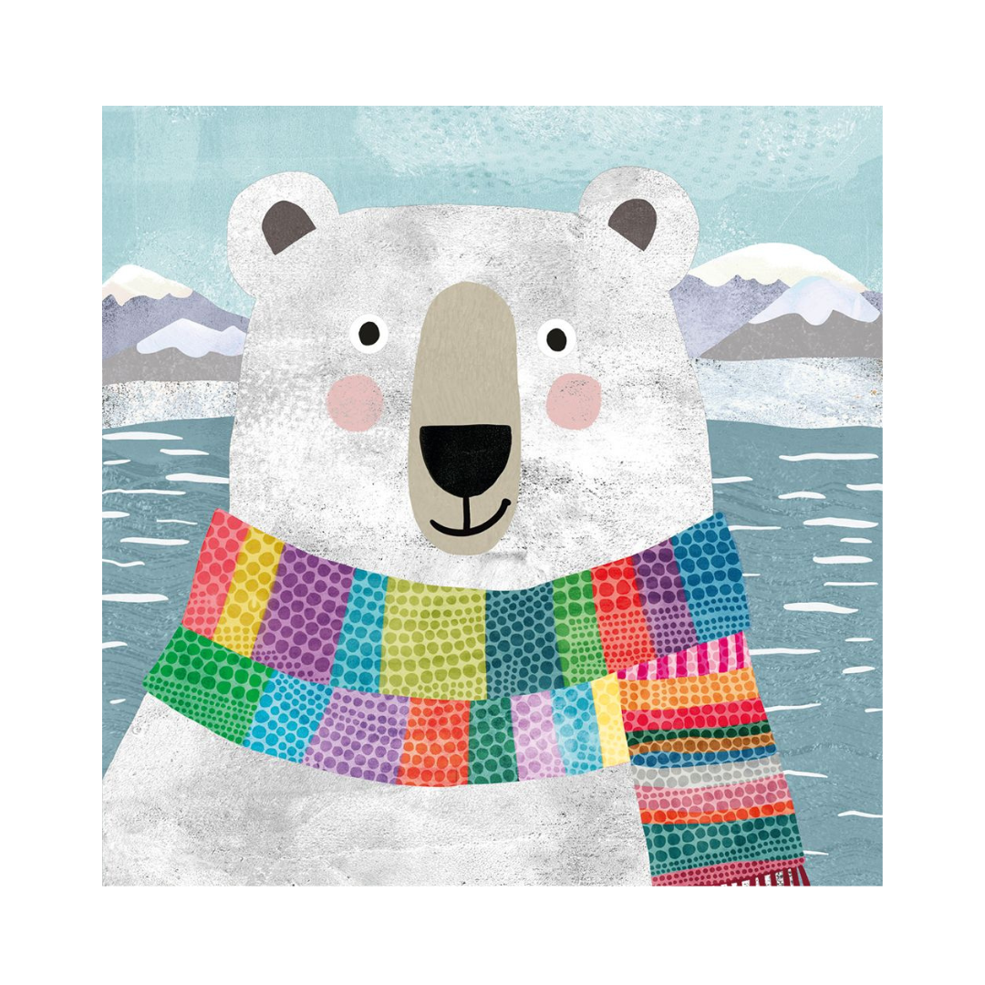 Illustration of a polar bear wearing a colorful scarf with a snowy landscape background.
