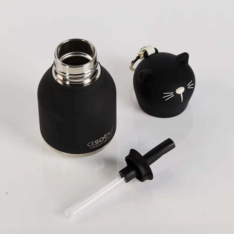 Black water bottle with dropper and cat-shaped cap on a white background