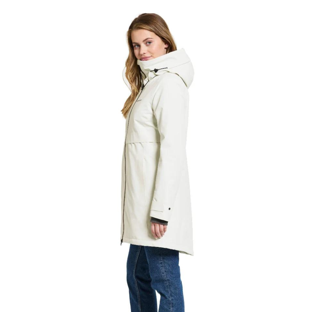 Off-white, knee-length hooded parka with a zip front and slightly A-line silhouette.