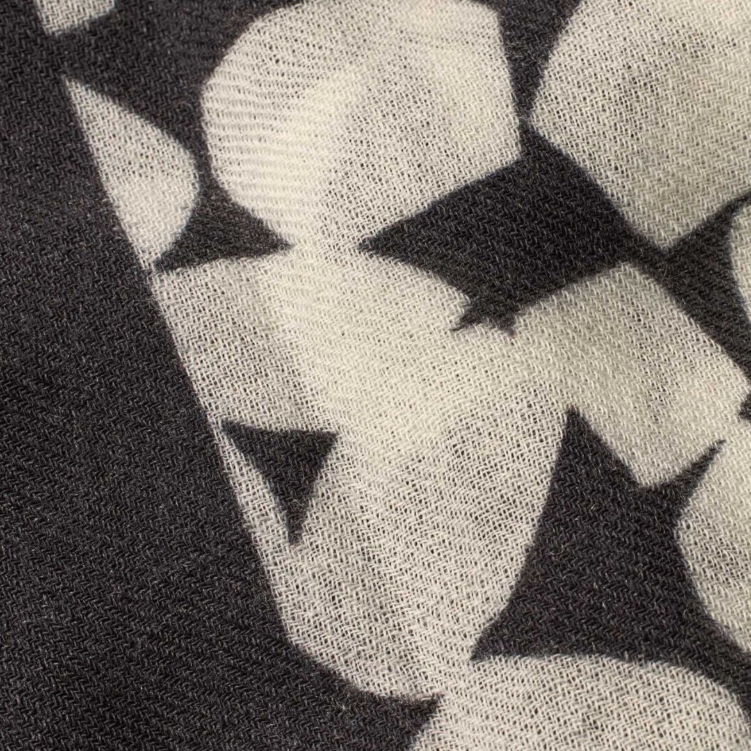 Close-up of a fabric with black star pattern on a dark background