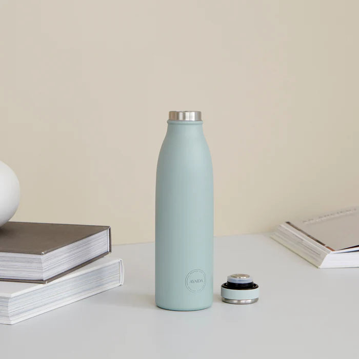 Pale blue, stainless steel water bottle with silver lid and base.  A small circular logo is visible on the bottle.
