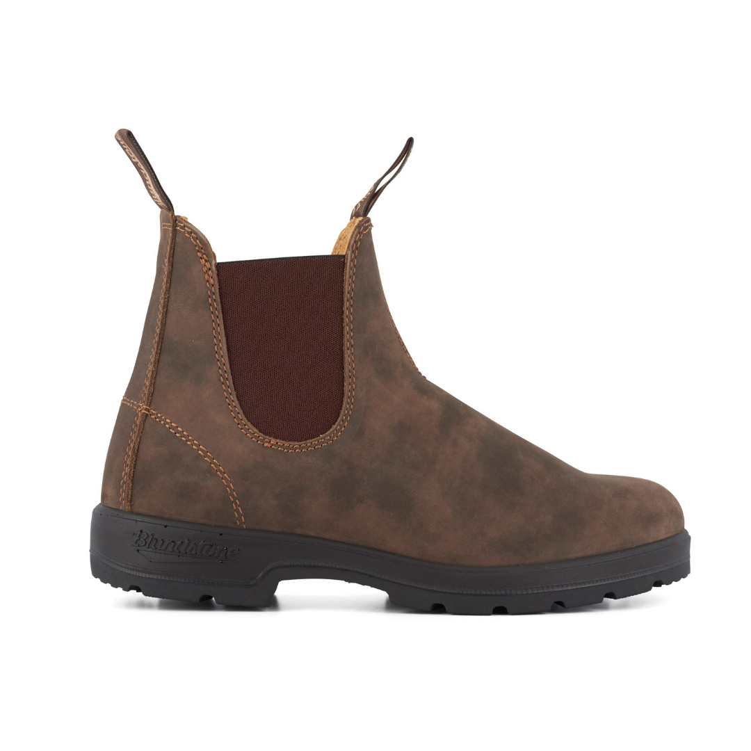 Brown leather Blundstone Chelsea boot with a dark rubber sole.