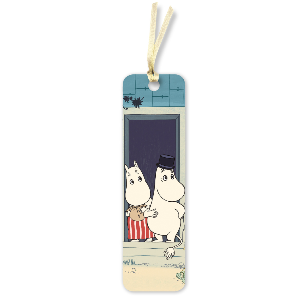 Moomin characters bookmark featuring Moominpappa in a top hat and Moominmamma.