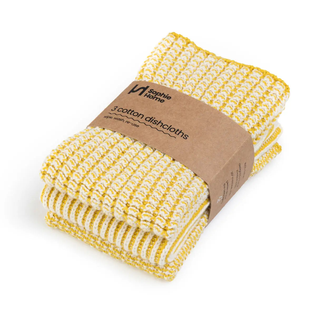 Pack of yellow and white patterned dishcloths with a brown label on a white background