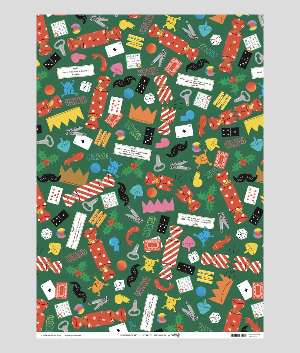 A flat rectangular print or poster featuring a dense illustrated collage on a dark green background with red-and-white striped crackers, playing cards, dice, crowns, mustaches, and small holiday-themed icons. The artwork fills most of the frame, with a light gray surround outside the print.