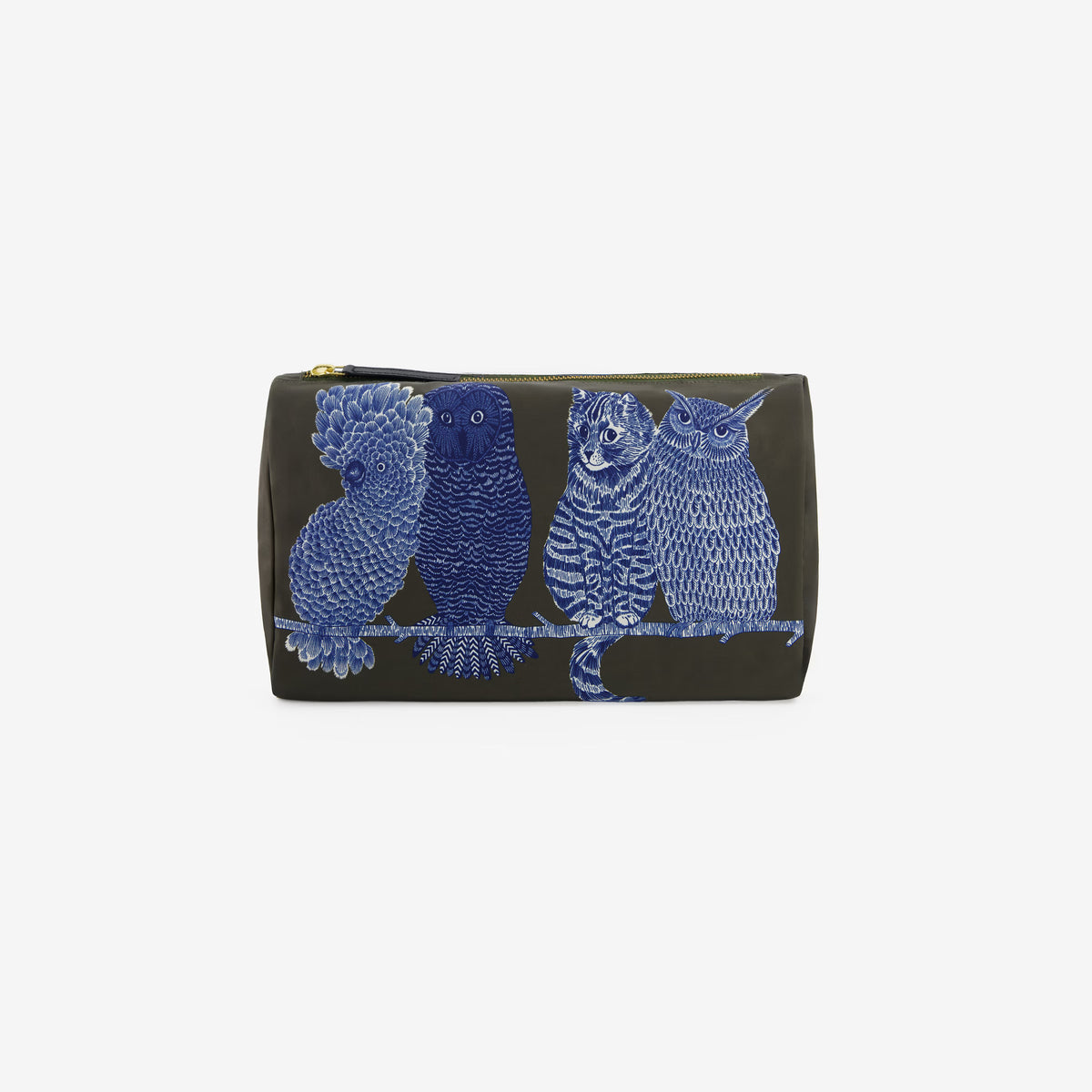 A dark olive green cosmetic pouch featuring a detailed blue and white illustration of four owls perched on a branch, with a gold zipper pull at the top, shown against a plain white background.
