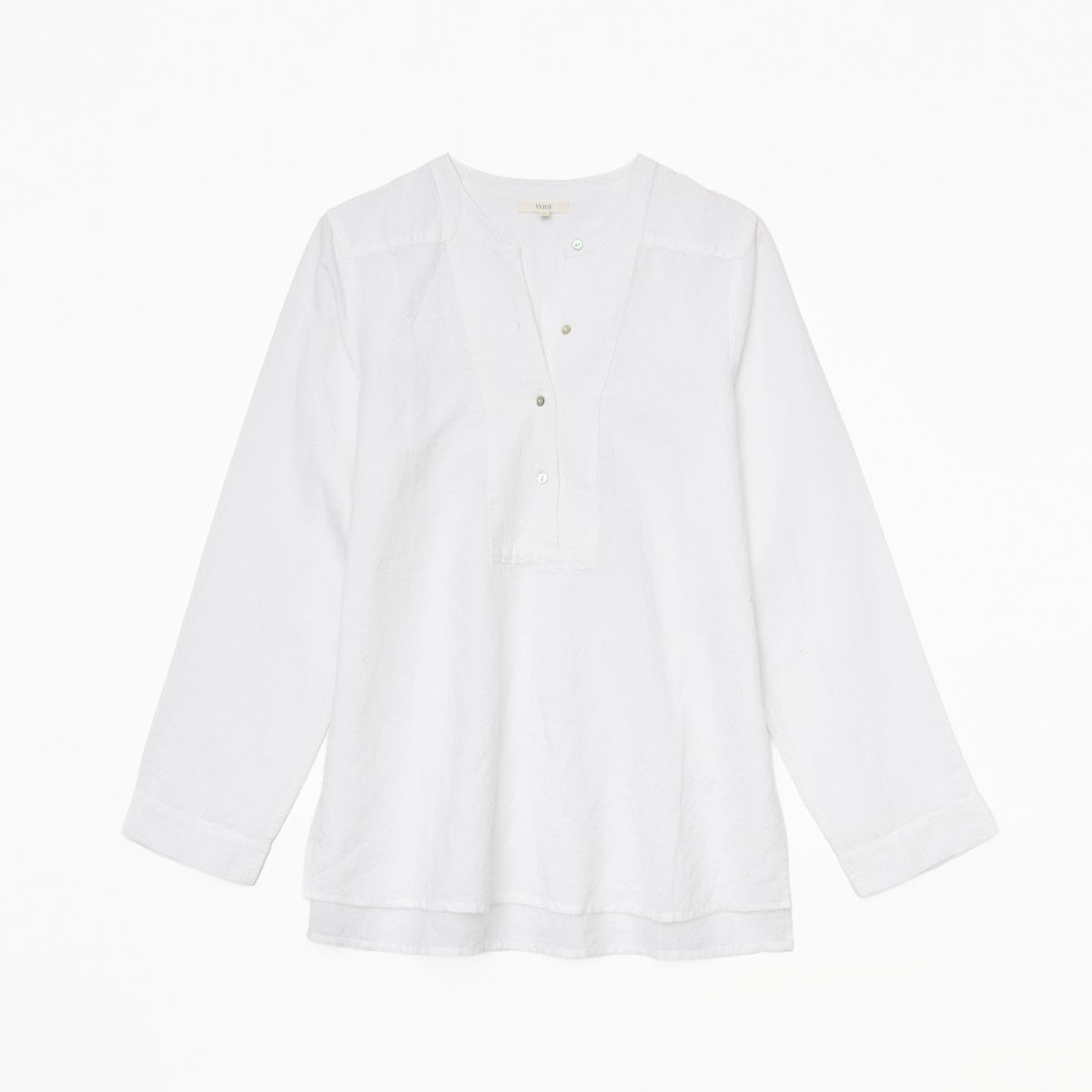 White long-sleeve tunic top with a buttoned placket and slightly uneven hem.