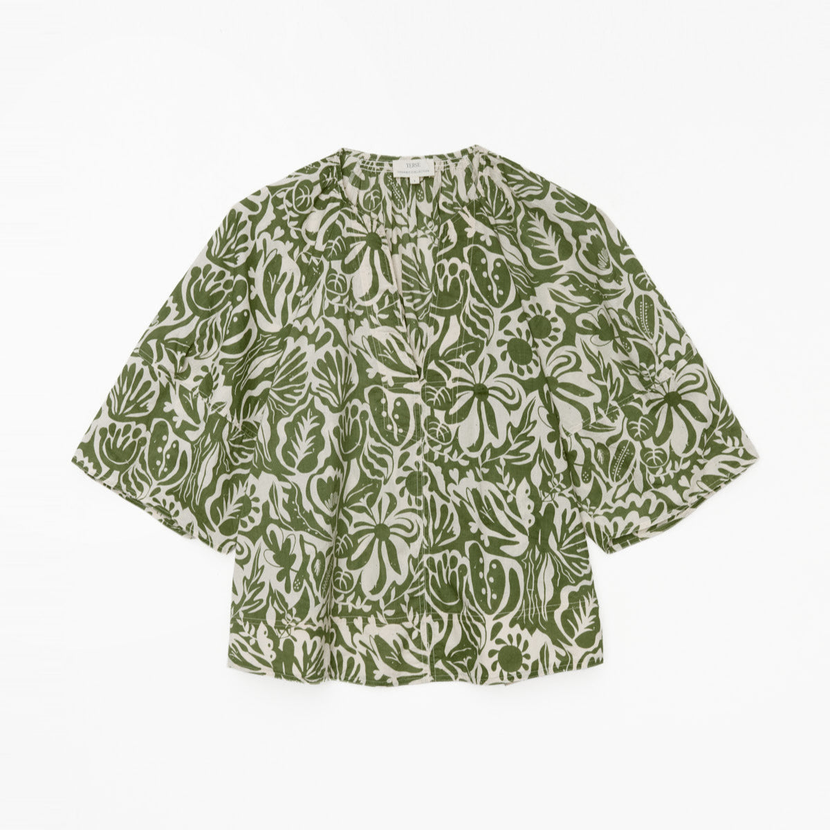 Olive green and beige cropped blouse with a wide bell sleeve and an all-over floral print.