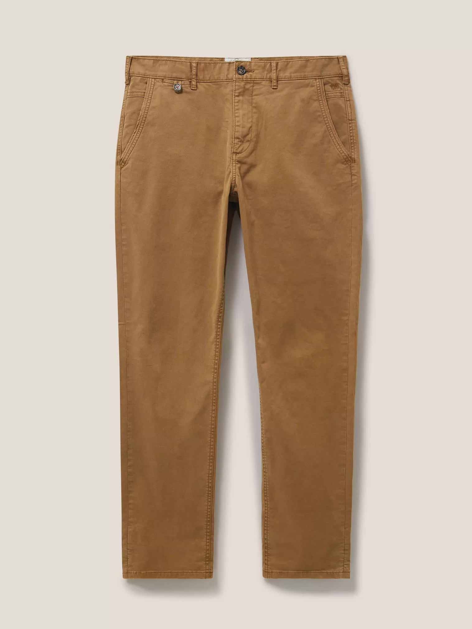 Brown chino trousers with front pockets and a buttoned waistband.