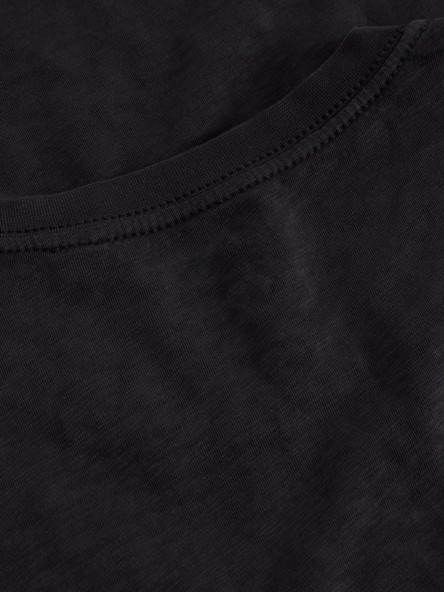 Close-up of dark gray jersey fabric with a double-stitched neckline.