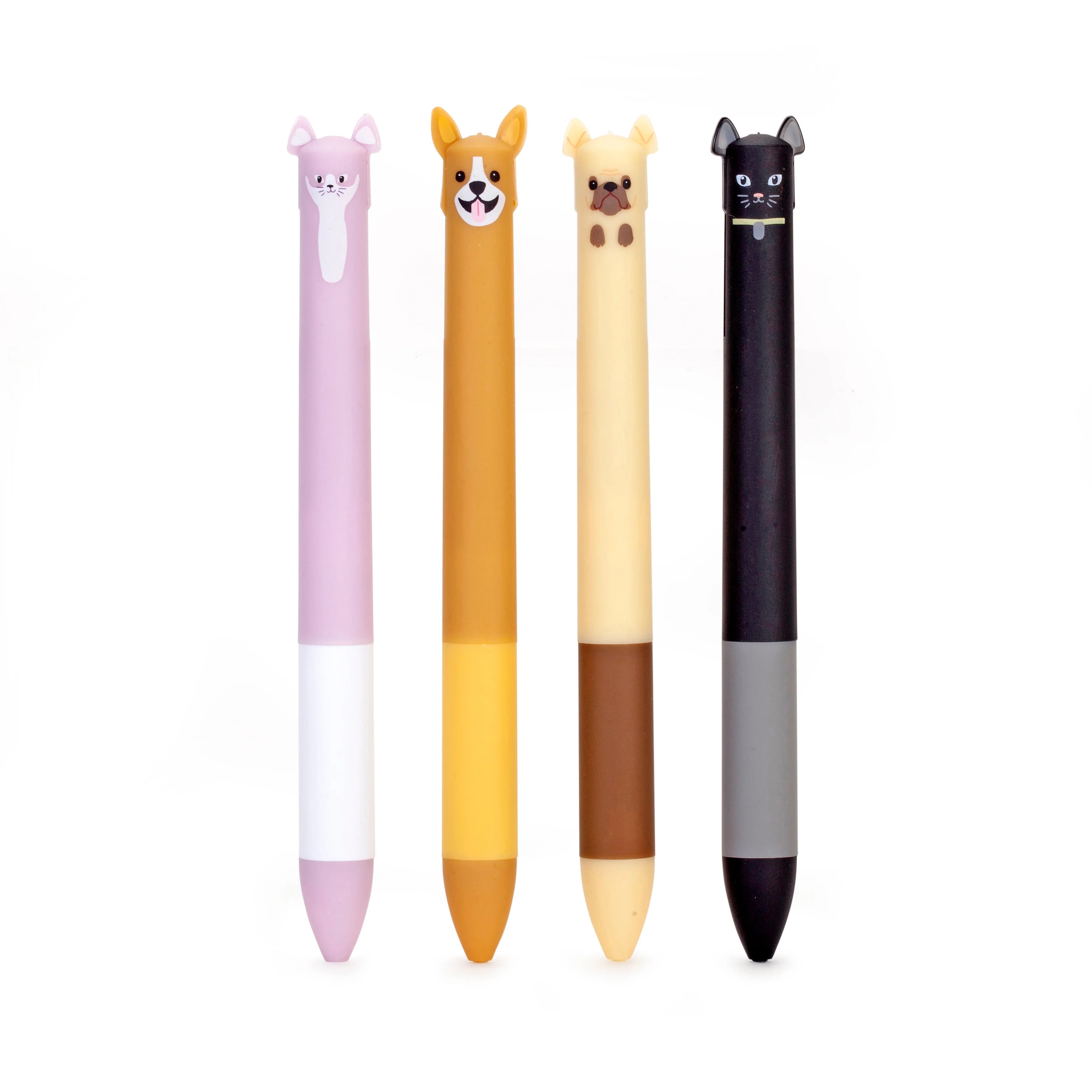 Four pens with animal faces: a cat, dog, and two other animals.