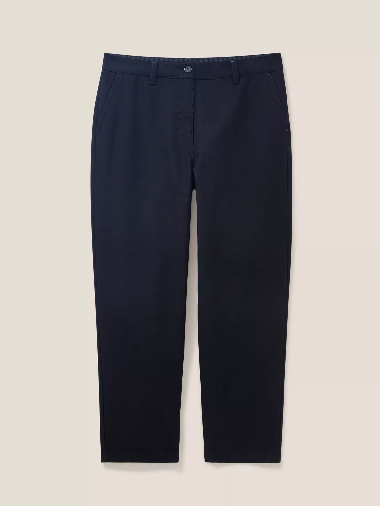 Dark navy cropped trousers with front pockets and a buttoned waistband.