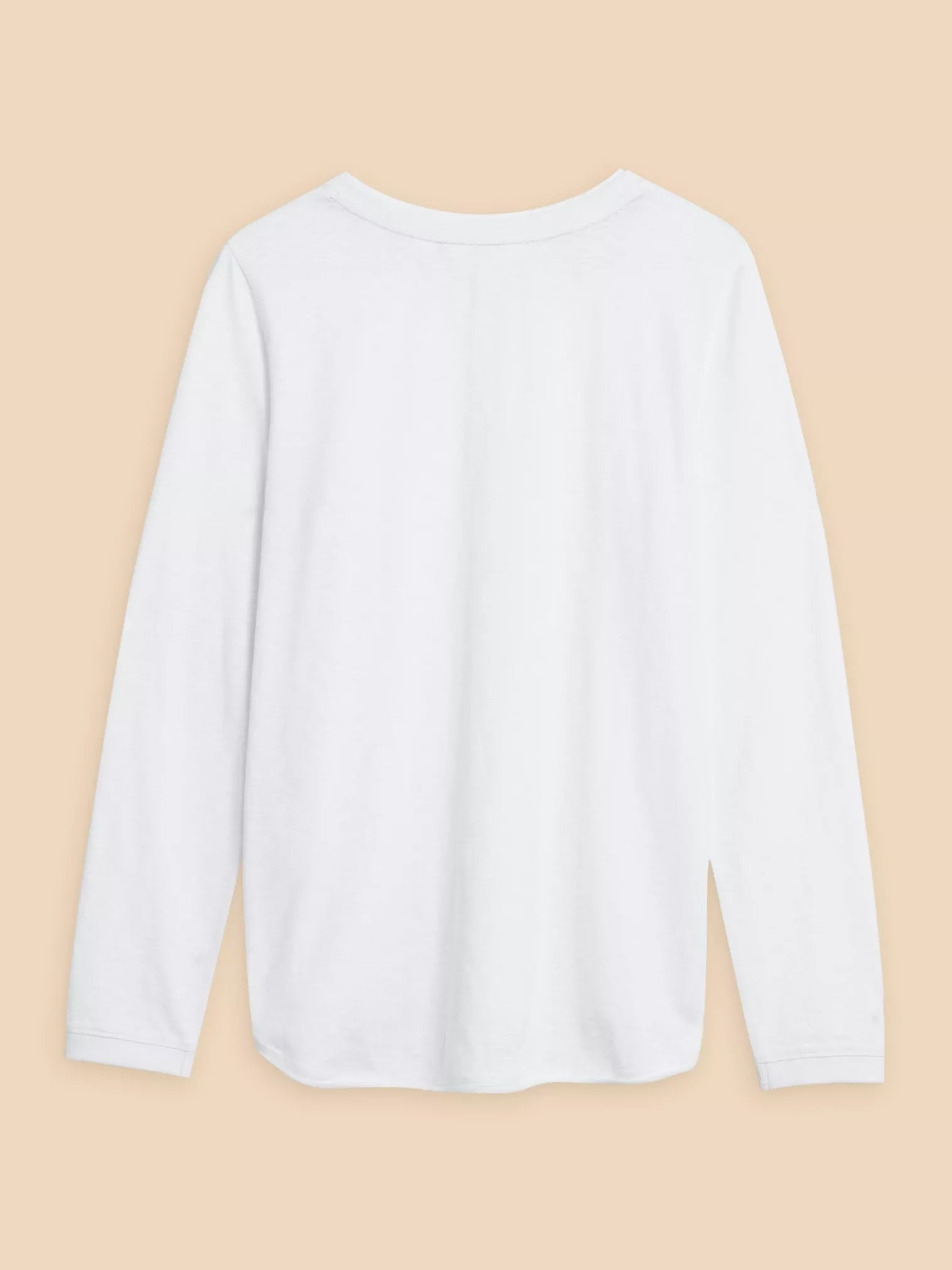 White long-sleeve shirt, rear view. Simple crew neck, relaxed fit.