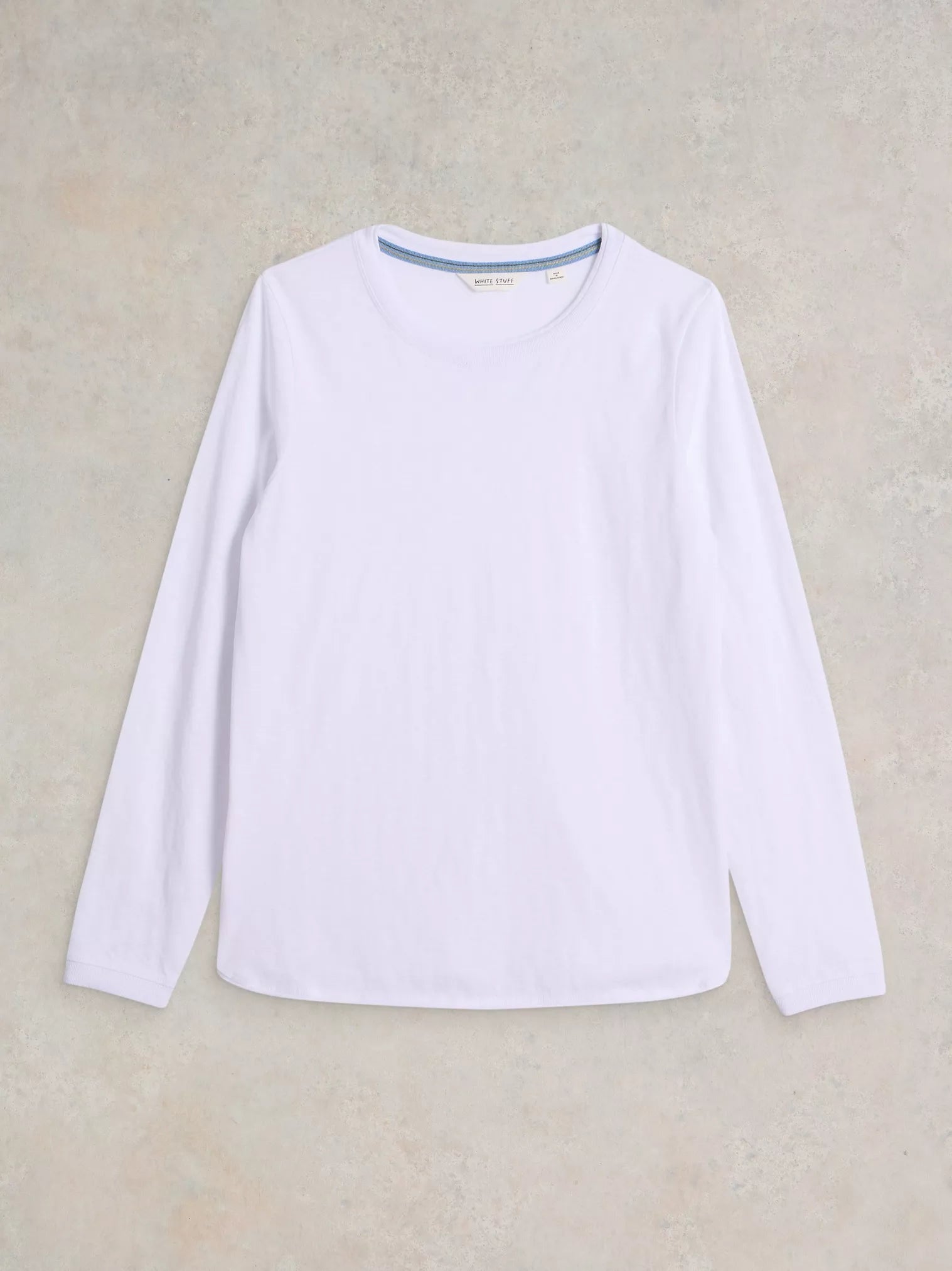 White long-sleeve crew neck t-shirt.