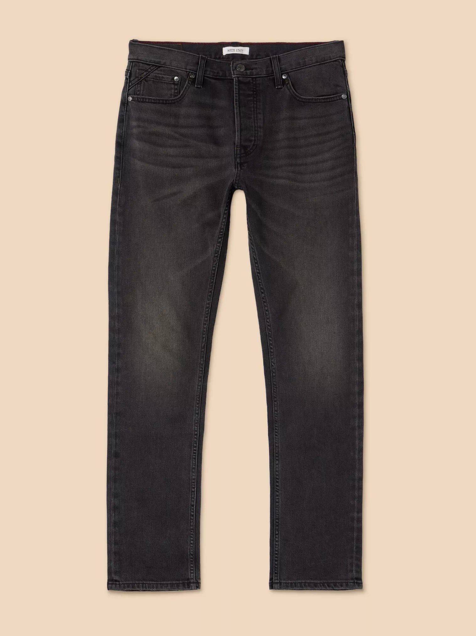 Dark gray men's jeans, straight leg fit, shown flat lay.