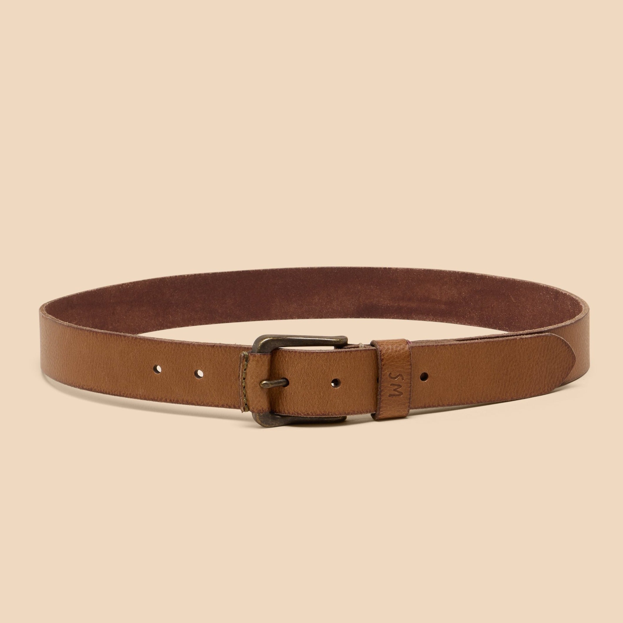 Brown leather belt with a simple metal buckle and subtle branding. The belt is shown laid flat.